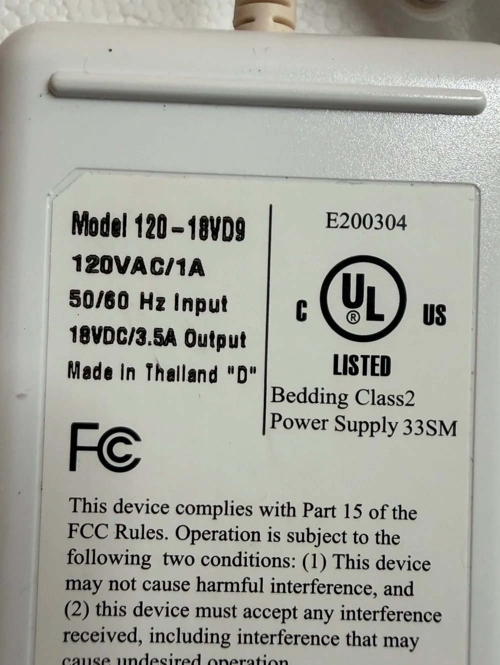 Safe & Warm Technology Bedding Class2 Power Supply Model 120-18VD9 with Control